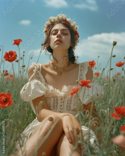 A woman adorned with a flower crown sitting amidst a blooming field of red poppies, evoking a serene mood