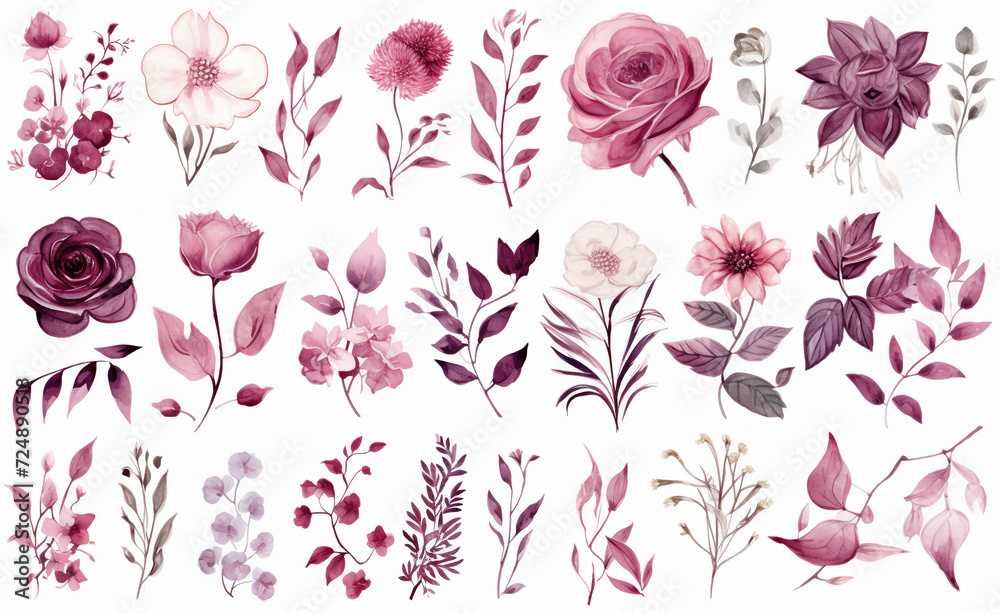 Set watercolor elements of roses collection garden red, burgundy flowers, leaves, branches, Botanic illustration isolated on white background.