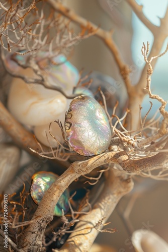 Pearlescent abalone shell elegantly placed on a deserted tree limb evoking a sense of serenity