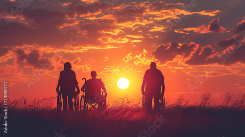 Three disabled people at the sunset, generative ai