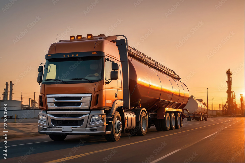 truck on the road coming out of oil refinery in the dusk time 