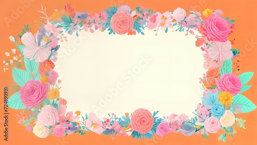 Blank white frame on orange background with colorful flowers,greeting card
