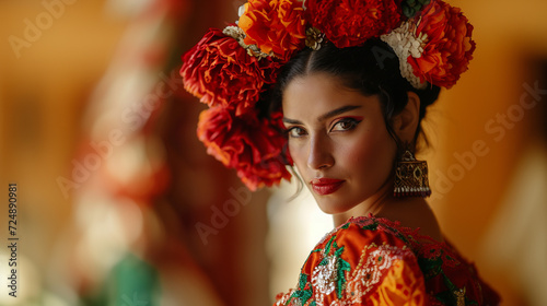 Spanish woman in flamenco traditional costume. 
