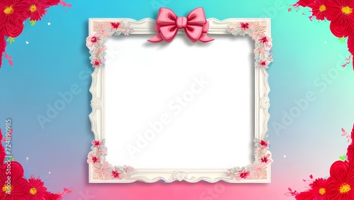 Festive composition, white frame on blue background with hearts, happy birthday, happy valentine's day, space for text in the center © Oleg Sevostyanov