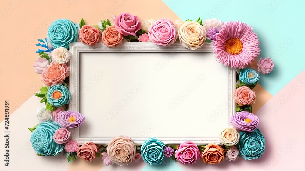 Festive composition, flower frame on colored background with birthday greetings, Valentine's Day, place for text in the center Festive composition, flower frame on colored background with birthday greetings, Valentine's Day, place for text in the center
