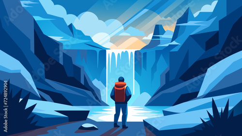 Explorer observing a frozen waterfall in a winter landscape vector illustration photo