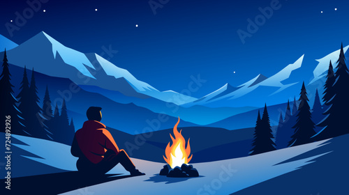 Solitary man enjoying peaceful campfire in snowy mountain landscape at night photo