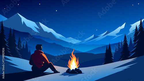 Solitary man enjoying peaceful campfire in snowy mountain landscape at night