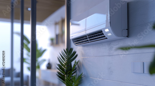 Adjusting temperature on air conditioner, Working air conditioner for comfort temperature in home at hot summer, cooling air in the room photo