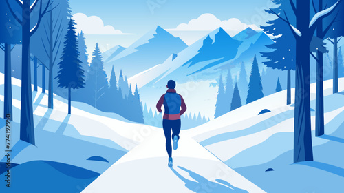 Solitary runner jogging through snowy mountain landscape in winter