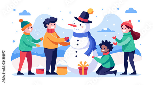 Happy family building a snowman together on a wintry day