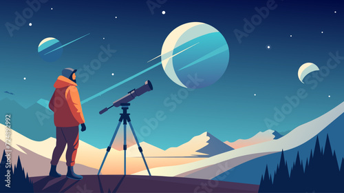 Astronomy enthusiast using telescope for stargazing in mountainous landscape vector illustration photo