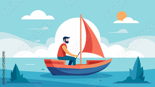 Flat design vector illustration of man sailing a boat at sunset