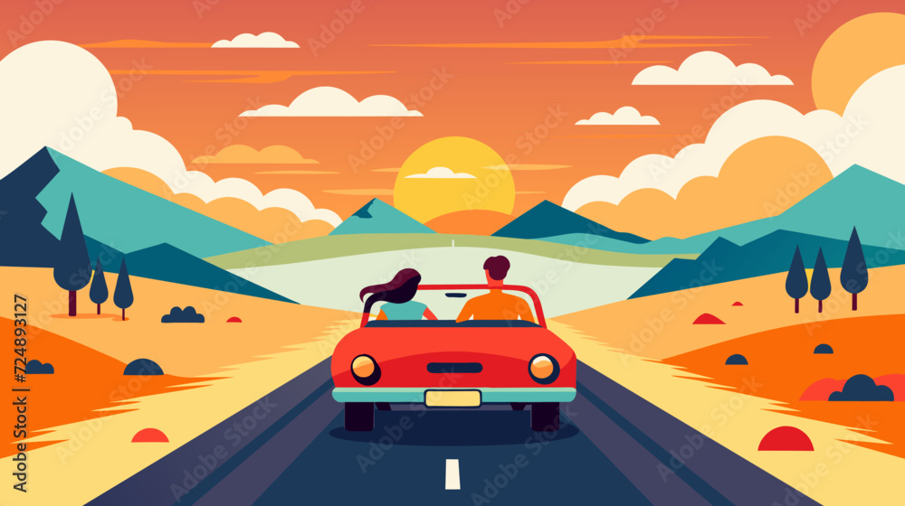 Scenic sunset road trip in convertible car, couple enjoying drive