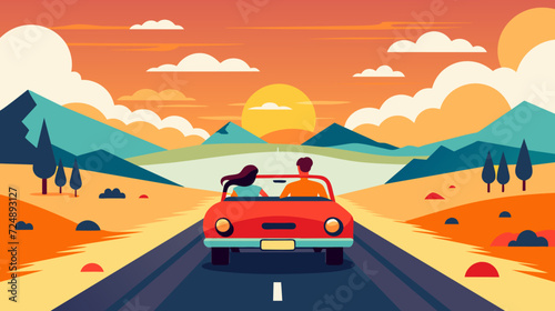 Scenic sunset road trip in convertible car  couple enjoying drive