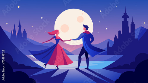 Enchanted evening dance of a princess and hero with a castle background