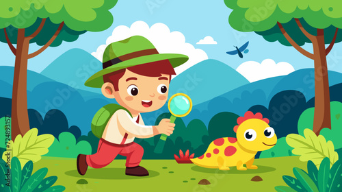 Adventurous boy with magnifying glass looking at cartoon dinosaur in forest