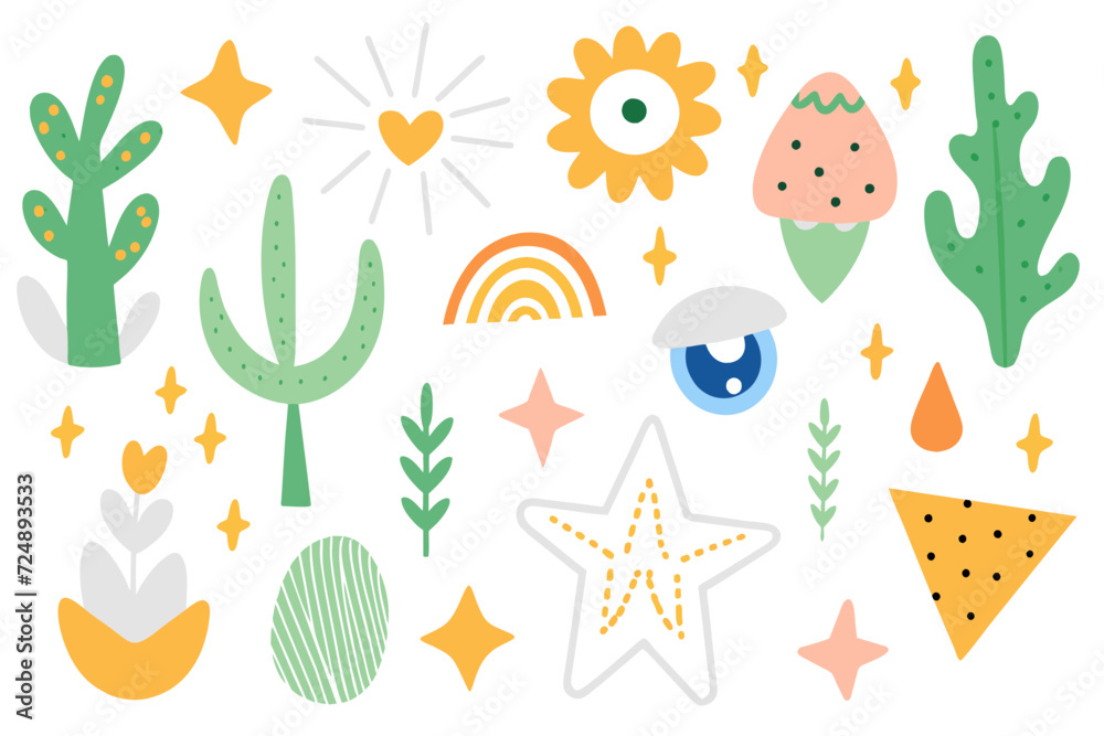 Playful Childish Pattern Featuring Cute And Whimsical Elements Star, Eye, Plant, Flower, Watermelon in Primitive Style