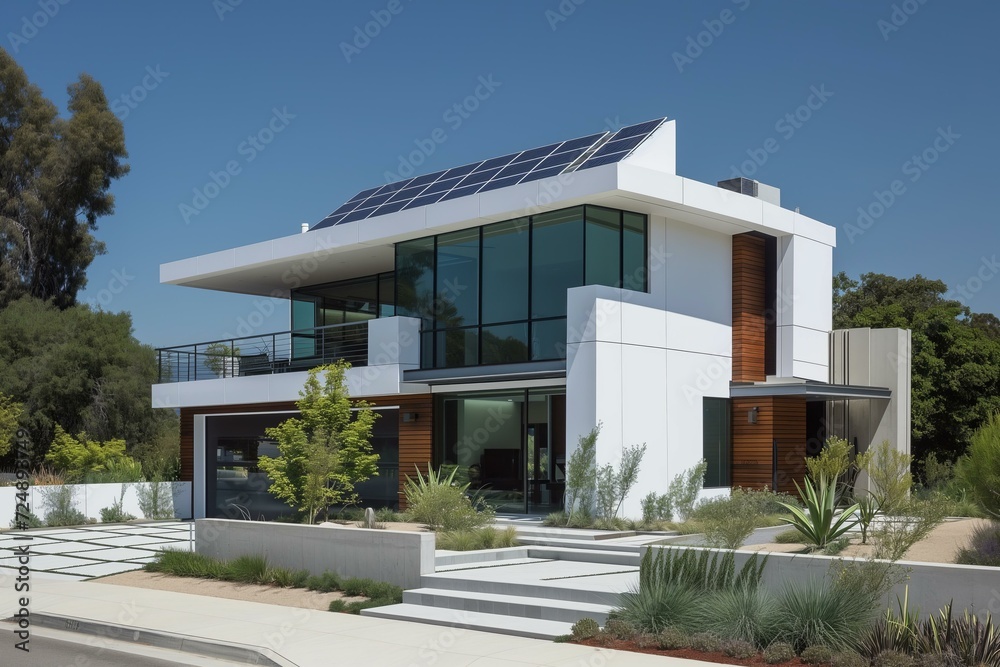 modern white facade of a house, geometric, sleek, solar panels modern white facade of a house, geometric, sleek, solar panels