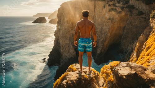 man in colorful swim trunks standing on a cliff ready to jump into the beautiful water