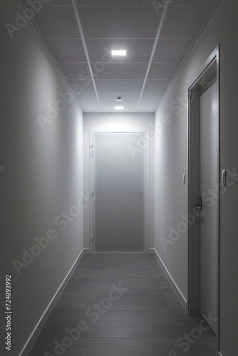 Hallway with light above door that is open leading to darker area.