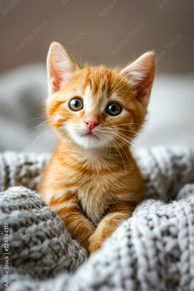 Small orange kitten sitting on knitted blanket.