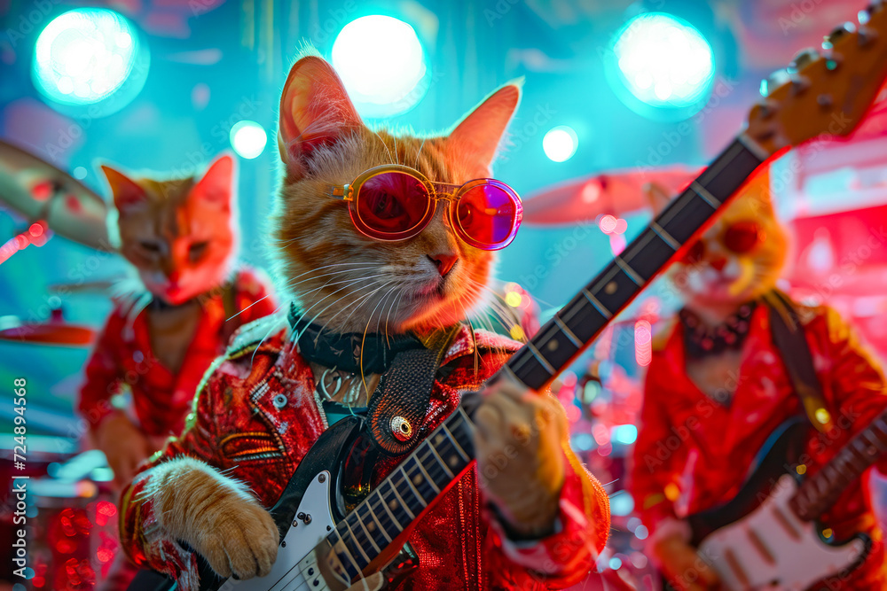 Cat in red and white clothing is holding guitar.