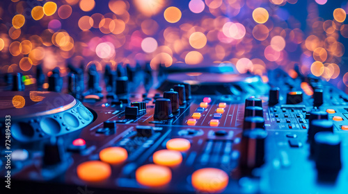 Blue and purple lit up DJ mixer board with circles on it.