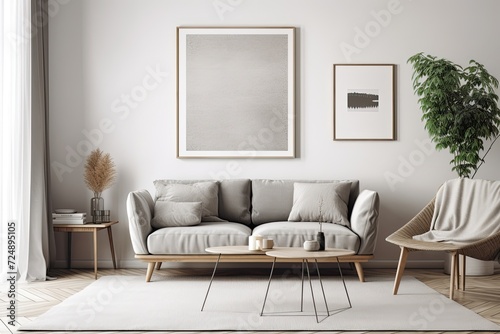 Mockup of a blank horizontal poster on a white wall in a living area