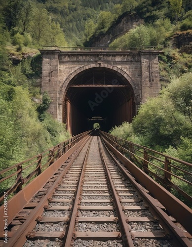 Steel railway bridge spans a gorge