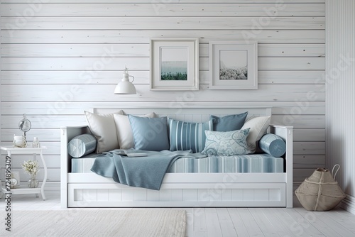 Coastal inspired children's room. Daybed close to a shiplap wall Mockup of an interior photo