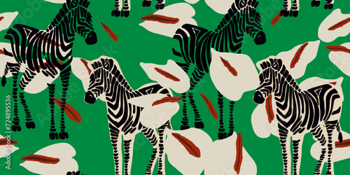 A painting of zebras. Hand drawn abstract seamless pattern. Creative collage 