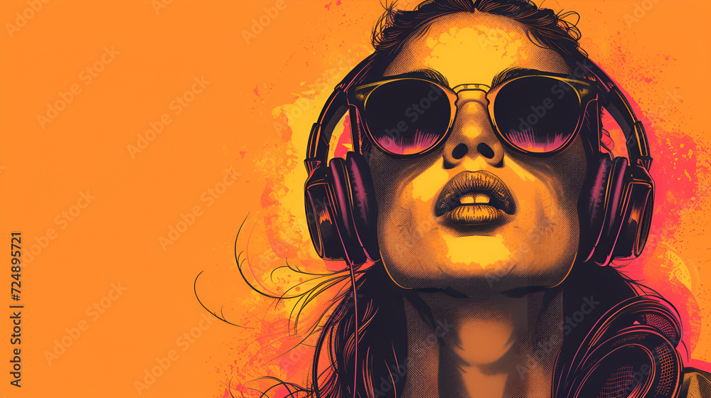 woman illustration wearing sunglasses and headphones, generative ai
