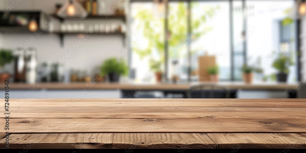 Blurry Kitchen With Wooden Table Top