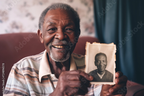 AI Generated Image of senior black man holding old photograph of her younger self photo