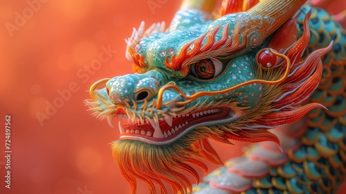  a close up of a dragon figurine on a red and orange background with a blurry image of the head and body of a dragon in the foreground. © Janis