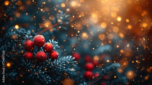  a close up of a branch of a tree with red berries on it and snow flakes on the branches and a blurry background of yellow and orange lights. © Janis