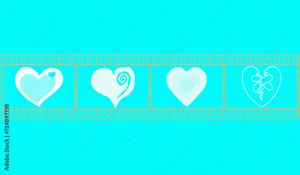 Top view, Four white heart shape on film frame of paint brushes isolated cyan background for design stock photo. valentine concept ,vector multicolor paint, brush stroke, texture, illustration
