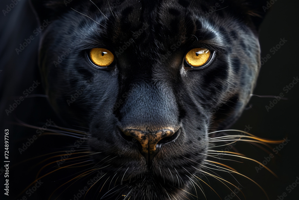 Close up of black panther with yellow eyes.
