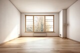 Corner of an empty room with beige walls, a wooden floor, and two sizable windows offering a pleasant view. a mockup