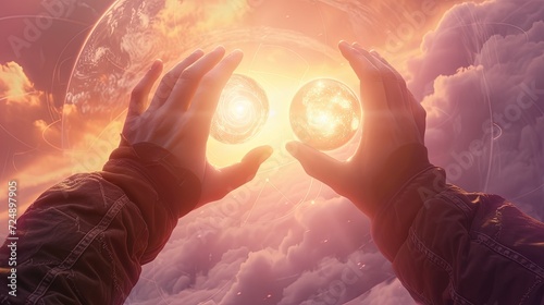 Open hands capture the essence of a fantastical cosmic event, with glowing orbs and intricate patterns against a dramatic sky.