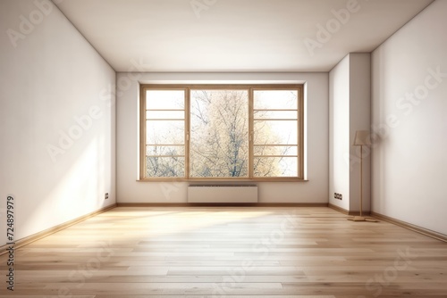 Corner of an empty room with beige walls  a wooden floor  and two sizable windows offering a pleasant view. a mockup