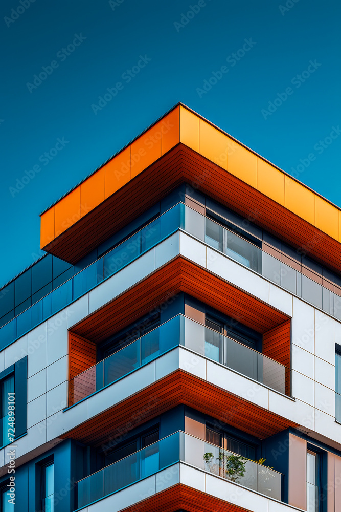 Building with blue and orange color scheme has many windows.