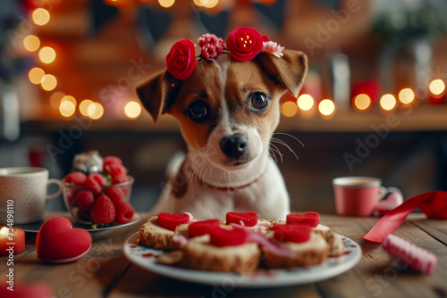 Adorable puppy wearing a floral headband with treats Generative AI image photo