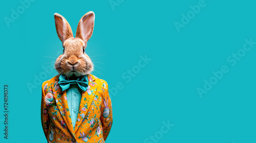 A rabbit wearing a floral suit and bow tie posing against a teal background