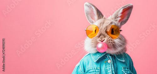 A stylish bunny in a denim shirt and sunglasses blowing a pink bubble gum bubble photo