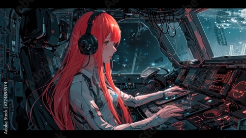 Anime girl character with long red hair AI generated image photo
