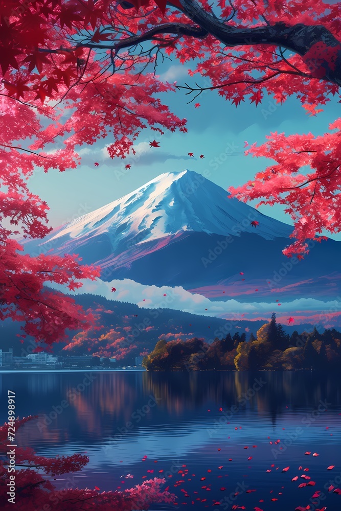 art of fuji mountains in japan, sakura pink leaves in nature generated ai