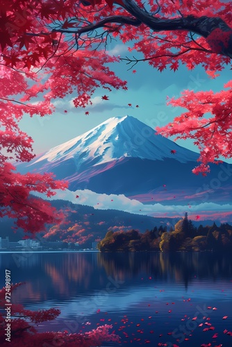 art of fuji mountains in japan  sakura pink leaves in nature generated ai