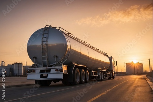 truck at sun set coming to factory 